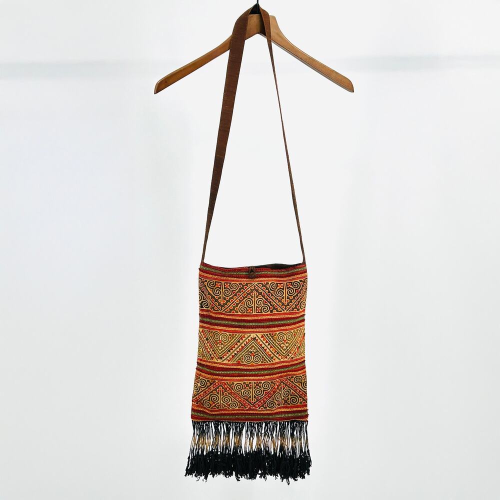 Tribal Ethnic Red Brown Embroidered Boho Crossbody Bag with Tassels